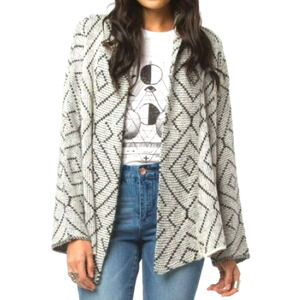 BILLABONG Womens Large Gray Diamond Print Soft Open Front Aztec Cardigan Sweater